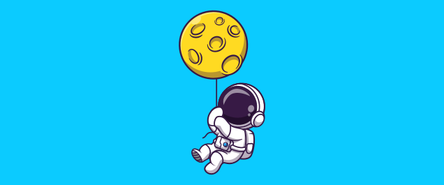 An illustration of an astronaut holding onto a floating balloon shaped like the moon.
