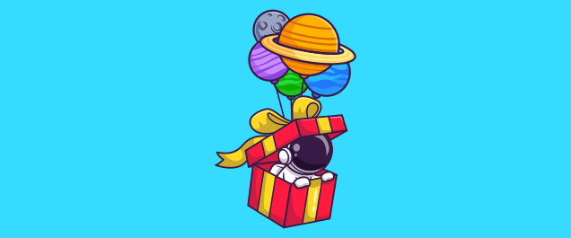 An illustration of an astronaut floating inside a gift box held afloat by several balloons shaped like planets.