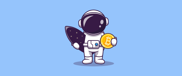 An illustration of an astronaut holding a surfboard with stars on it and a giant Bitcoin.