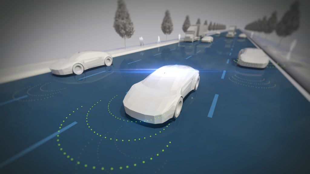 A rendered image of a self-driving car driving down a tree-lined street, with green radar sensors surrounding the front of the car; AI powering self-driving