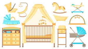 Baby furniture and equipment set. Cot, changing table, stroller, cradle, bath, highchair and other items of baby care.