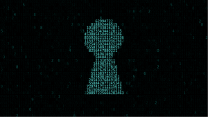 An image of a keyhole shape with embedded computer code.cyber security; cyber stocks