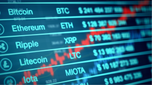 An image of a cryptocurrency ticker showing Bitcoin, Ethereum, Ripple, Litecoin and Iota superimposed on an increasing graph line.  Top Crypto News.