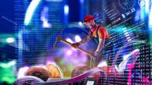 An image of a miner with a pickaxe mining digital coins, computer code and various numbers are overlaid on the image