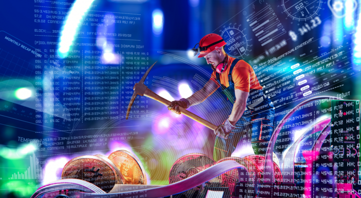 An image of a miner with a pickaxe mining digital coins, computer code and various numbers are overlaid on the image; Bitcoin miner