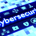 An image of the word cybersecurity overlaid over a pixelated background, images of locks and shields and virus icons surrounding it