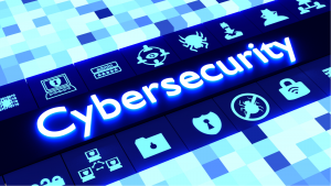 An image of the word cybersecurity overlaid over a pixelated background, images of locks and shields and virus icons surrounding it. Cybersecurity Stocks to Buy