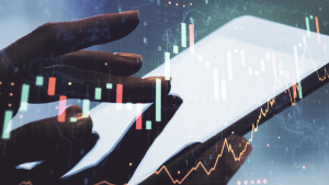 Abstract creative financial graph with world map and with finger clicks on a digital tablet on background, forex and investment concept