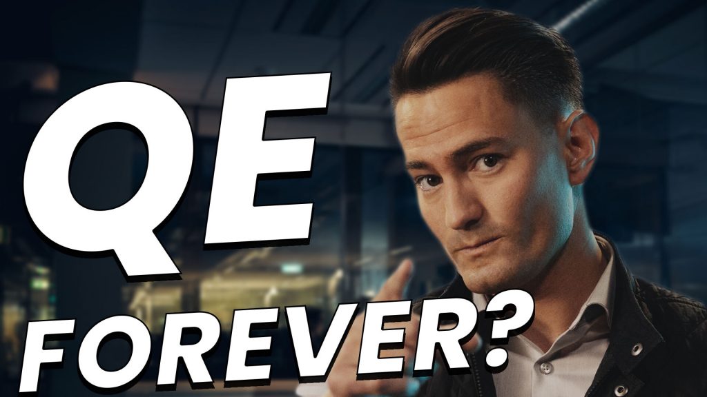 A title slide of a man pointing with "QE Forever?"