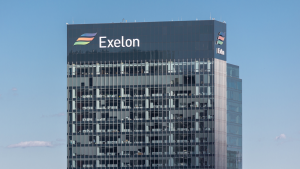 The logo for Exelon (EXC) is visible at the top of an office building.