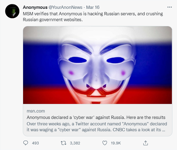 A screenshot of an anonymous tweet taking credit for hacking Russian servers and websites.