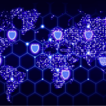 An image of a hexagon network covering the world map with glowing data centers and shield symbols. Cybersecurity stocks