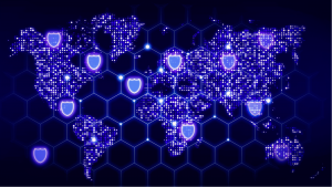 An image of a hexagonal network covering the world map with glowing data centers and shield symbols