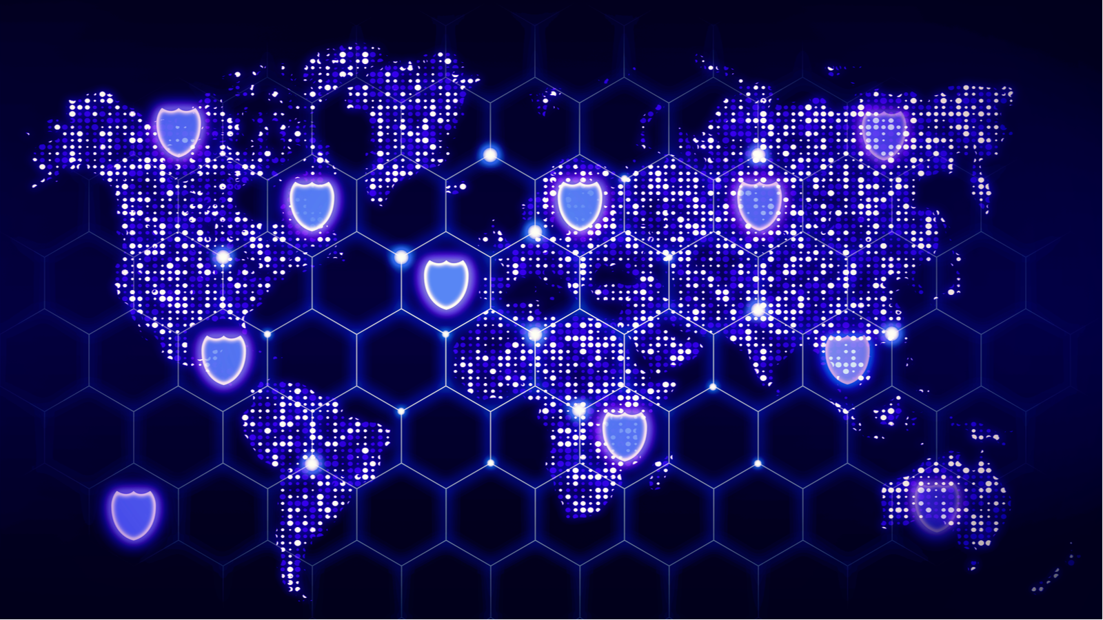An image of a hexagon network covering the world map with glowing data centers and shield symbols