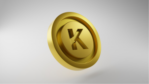 Kadena (KDA) Cryptocurrency Coin. A 3D-rendered Gold Coin with the Kadena Symbol Isolated on White Studio Background.