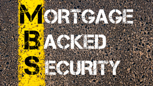 A concept image showing the words "mortgage backed security" written on a street.