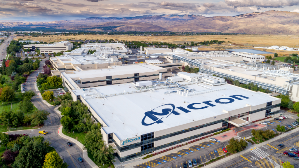 Micron Technology (MU) Boise . Micron is a leading company in semiconductor manufacturing. View of top of building with name