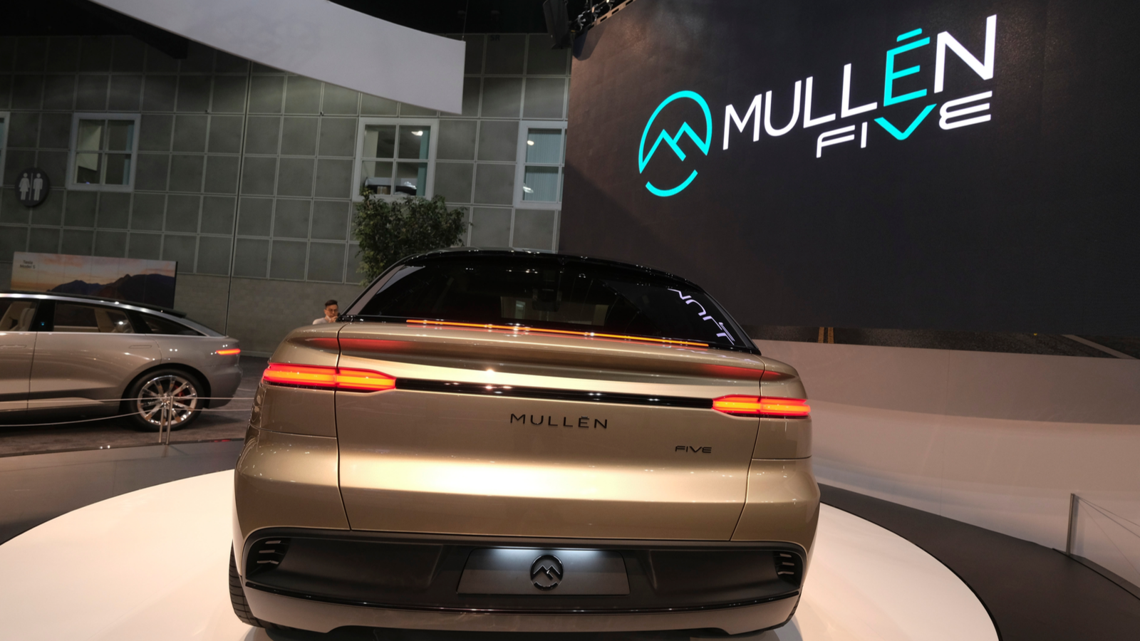 The Mullen Five vehicle is displayed at the 2021 LA Auto Show media day in Los Angeles, November, 18, 2021. MULN stock.