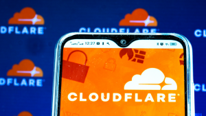 In this photo illustration a Cloudflare Inc (NET Stock) logo is seen displayed on a smartphone