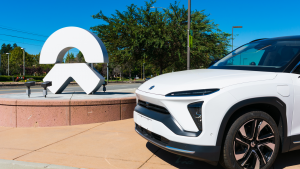 NIO ES6 electric SUV semi-autonomous car on display near Chinese automobile manufacturer NIO software development office in Silicon Valley