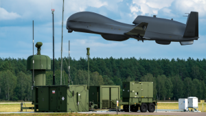 Szczecin,Poland-January 2022:Northrop Grumman RQ-4 Global Hawk taking off from an airfield equipped with drone control equipment.3D Illustration.