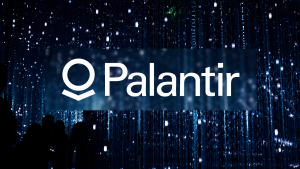 Palantir (PLTR) logo on the background of a data network, a fictional location in the future.Stocks you must buy for large-scale trades