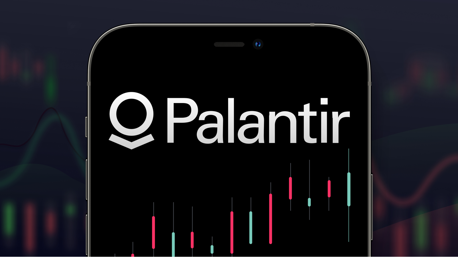Palantir (PLTR) logo in a smartphone with a series of stock charts on the background.