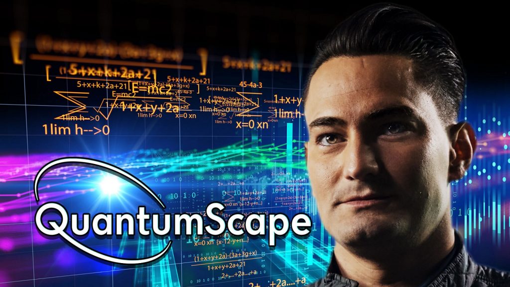 An image of Luke with the QuantumScape logo to his left, mathematic phrases at the top left