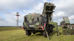 A German army mobile Raytheon (RTX) MIM-104 Patriot surface-to-air missile (SAM) system on display during the Laage airbase open house.