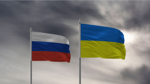 Russian and Ukrainian flags, Russian-Ukrainian War, defense stocks