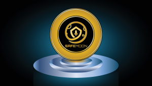 Safemoon crypto coin with golden colour and dark background. SFM-USD stock.