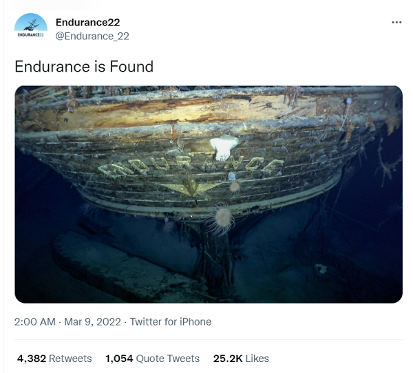 A tweet announcing the discovery of the sunken ship Endurance.