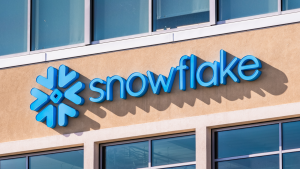 Snowflake symbol and logo at the company corporate headquarters in Silicon Valley. SNOW stock.