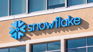 Snowflake symbol and logo at the company's headquarters in Silicon Valley. SNOW stock.