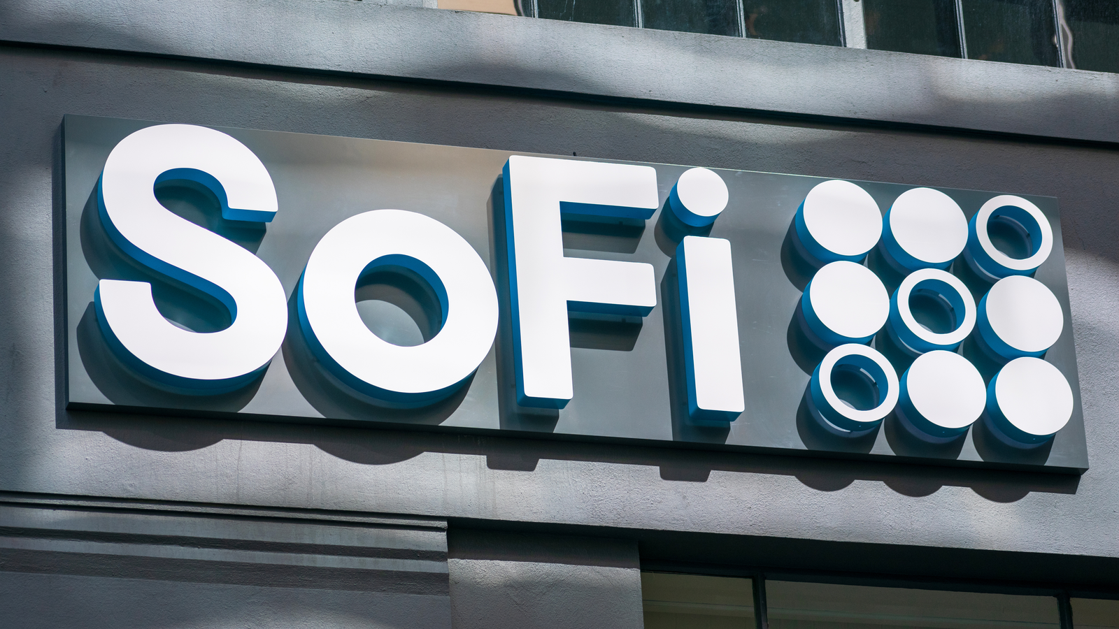 SoFi logo at their headquarters location. SOFI stock.