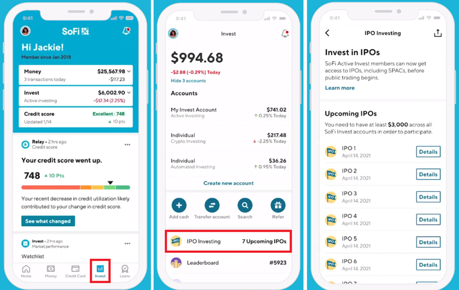 An image of three screenshots of the SoFi app, showing accounts, balances and different navigation options