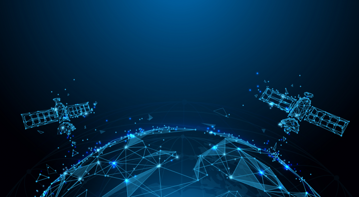 A vector image of two satellites orbiting above Earth; orbital data centers, orbital compute