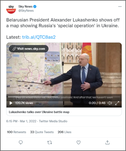 A screenshot of a tweet by Sky News that reads "Belarusian President Alexander Lukashenko shows off a map showing Russia's 'special operation' in Ukraine," with an attached video clip.