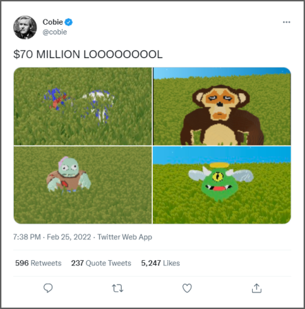 A screenshot of a tweet by Twitter user @cobie that mocks the $70 million price of the Pixelmon NFT project and shows off several Pixelmon screenshots.