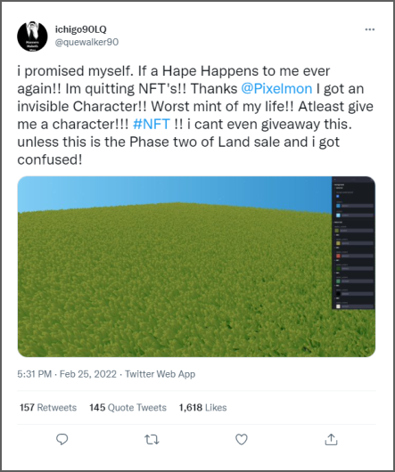 A screenshot of a tweet by Twitter user @quewalker90 that complains about minting an NFT described as an "invisible character."