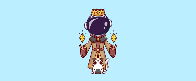 An illustration of an astronaut wearing a robe and crown with the Ethereum logo floating above each of their hands. At the base of the robe is a small cat-like creature.