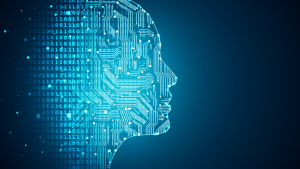 blue graphic of person's face made of binary code and microchip lines to depict artificial intelligence/AI. Best Value AI Stocks