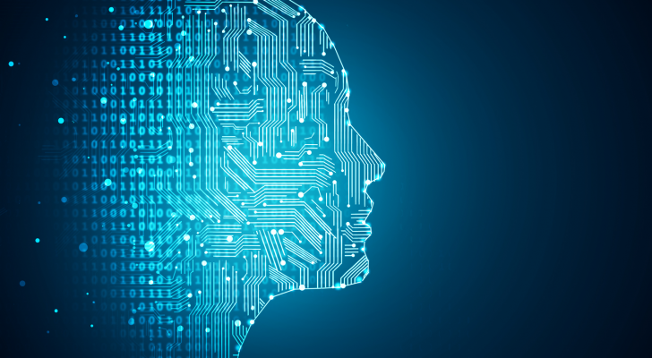 blue graphic of person's face made of binary code and microchip lines to depict artificial intelligence/AI. Best Value AI Stocks