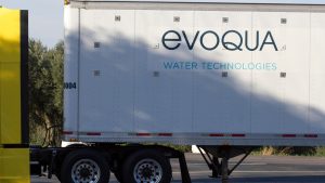 An EVOQUA branded truck is seen parked in an I-5 rest area