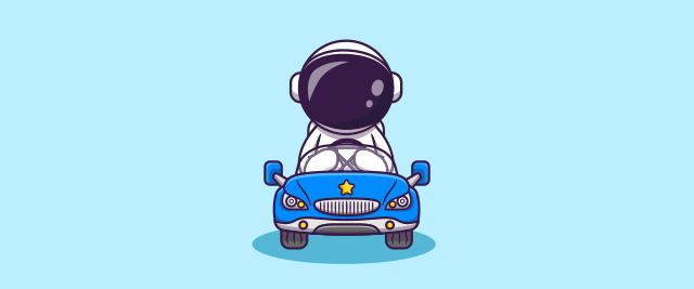 An illustration of an astronaut in a blue car.