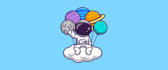 An illustration of an astronaut sitting on a cloud held up by balloons shaped like planets.