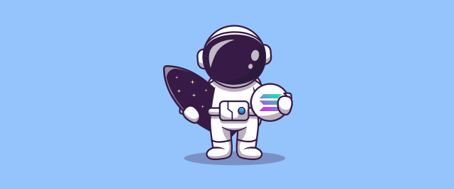 An illustration of an astronaut holding a surfboard and a Solana token.