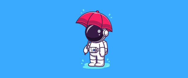 An illustration of an astronaut holding an umbrella in the rain.