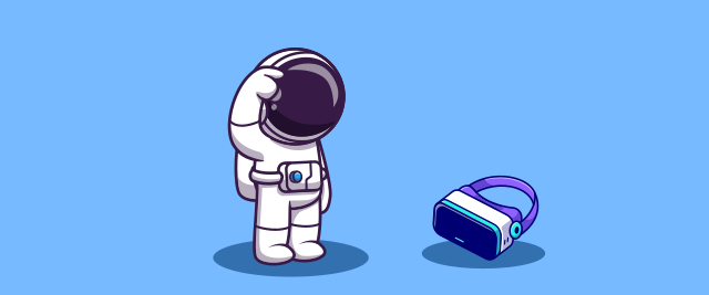 An illustration of an astronaut pointing to their head next to a VR headset.