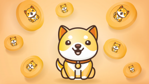 Graphic of Baby Doge Coin (BABYDOGE) mascot on sandy orange background